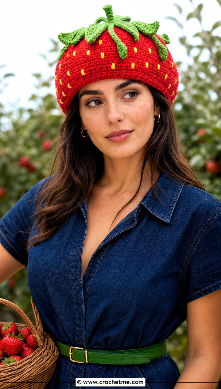Crochet Strawberry Leaf Crown Hat With Denim Dress - 30 crochet strawberry hat outfit ideas