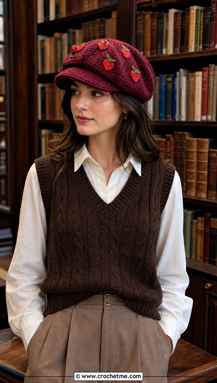 Crochet Strawberry Newsboy Cap With Pleated Trousers - 30 crochet strawberry hat outfit ideas