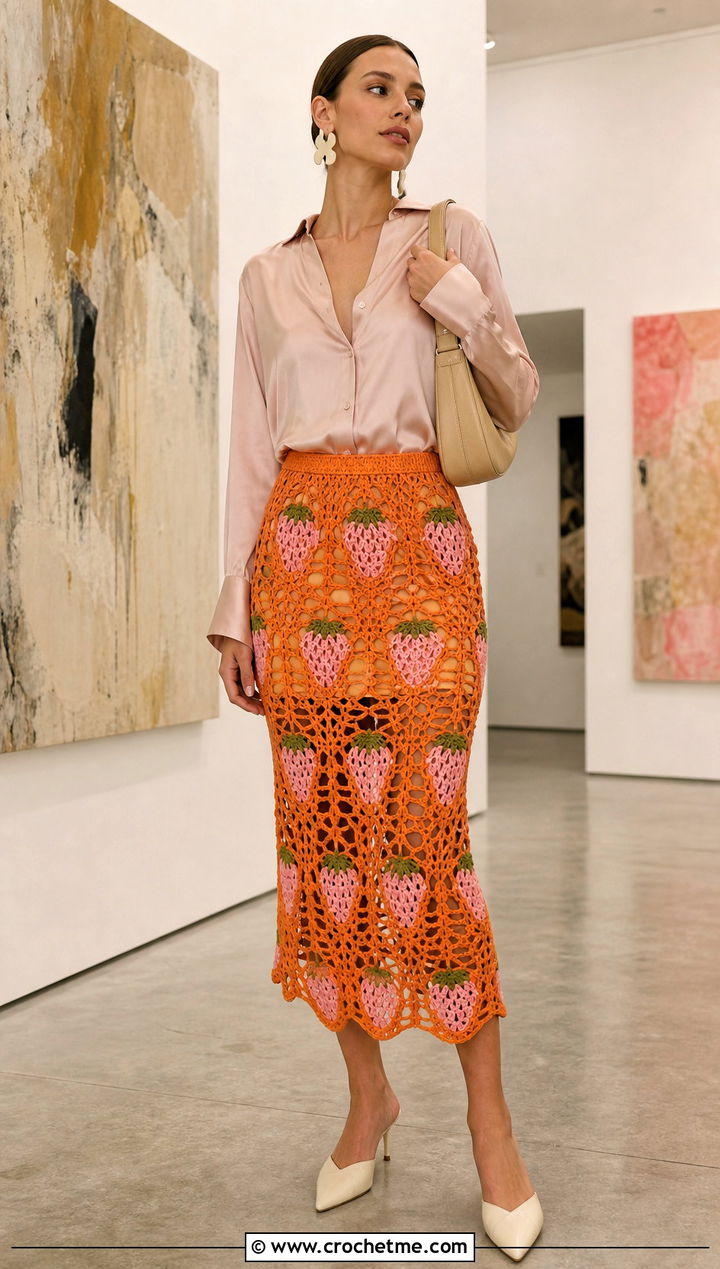 Crochet Strawberry Open Weave Midi Skirt With Silk Shirt - 25 crochet strawberry skirt outfit ideas