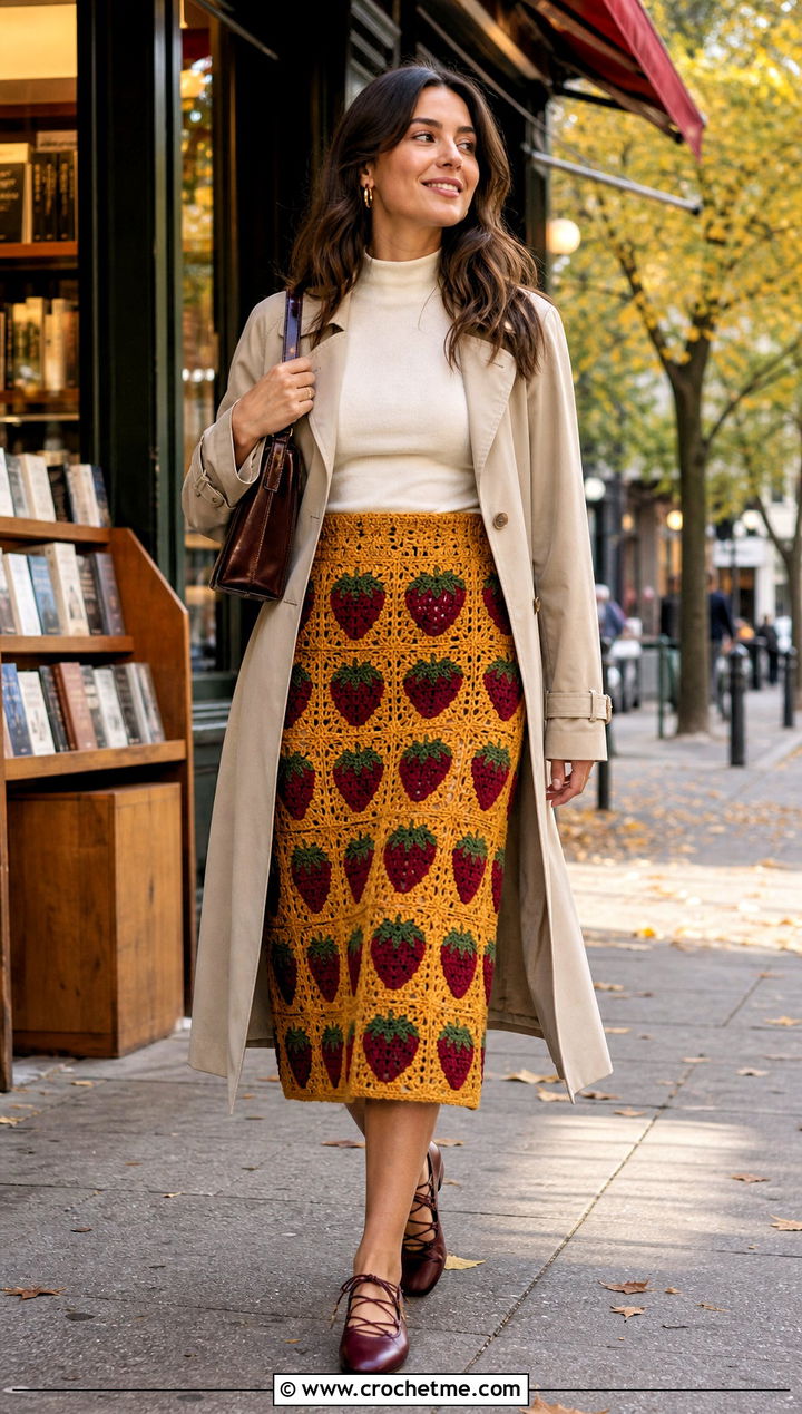 Crochet Strawberry Patchwork Midi Skirt With Trench Coat - 25 crochet strawberry skirt outfit ideas