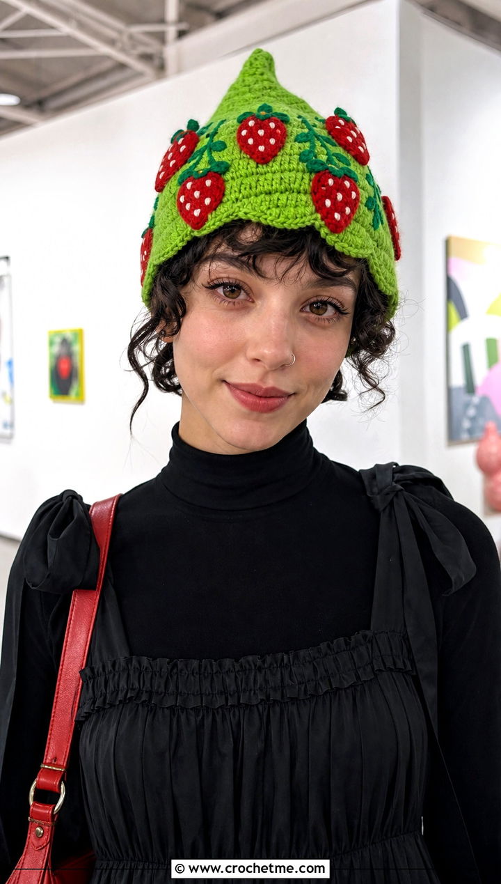 Crochet Strawberry Pixie Hat With Babydoll Dress - 30 crochet strawberry hat outfit ideas