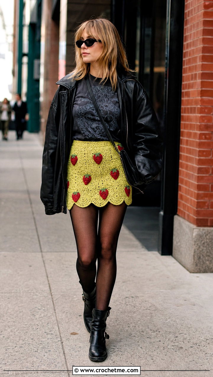 Crochet Strawberry Scalloped Mini Skirt With Leather Jacket - 25 crochet strawberry skirt outfit ideas