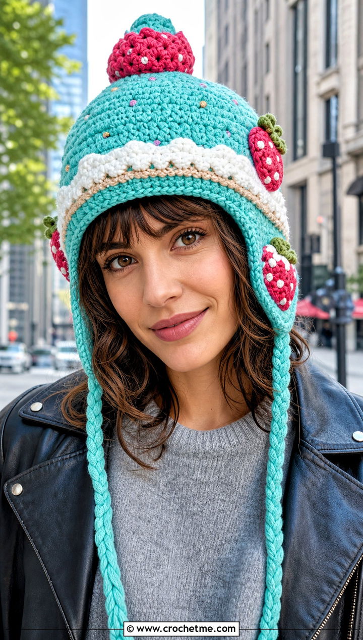 Crochet Strawberry Shortcake Aviator Hat With Leather Jacket - 30 crochet strawberry shortcake hat outfit ideas