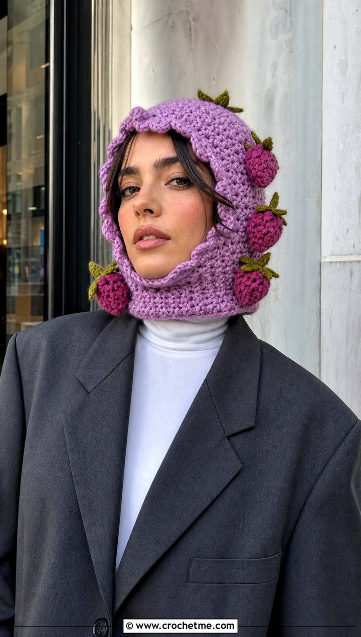Crochet Strawberry Shortcake Balaclava With Oversized Blazer - 30 crochet strawberry shortcake hat outfit ideas