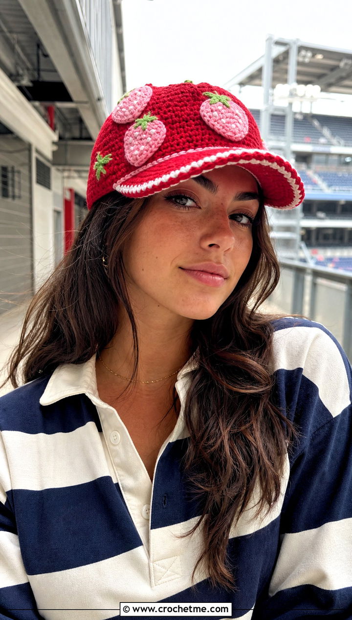 Crochet Strawberry Shortcake Baseball Cap With Rugby Shirt - 30 crochet strawberry shortcake hat outfit ideas