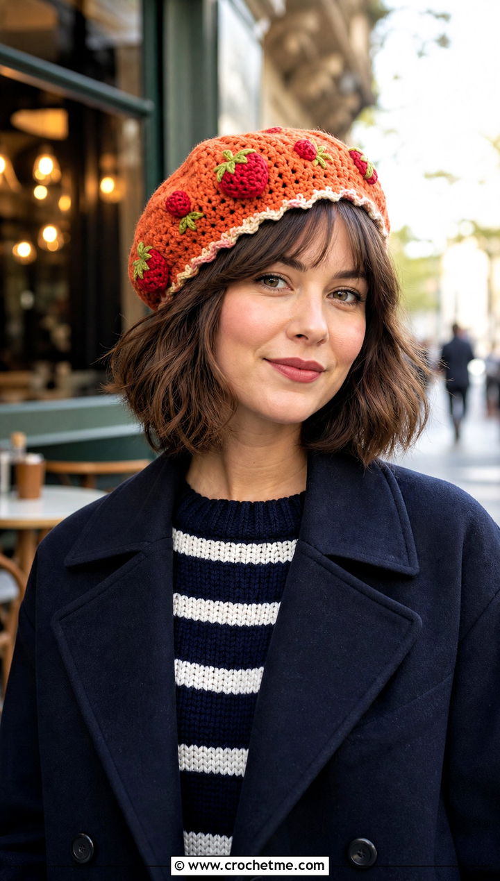 Crochet Strawberry Shortcake Beret With Wide Leg Jeans - 30 crochet strawberry shortcake hat outfit ideas