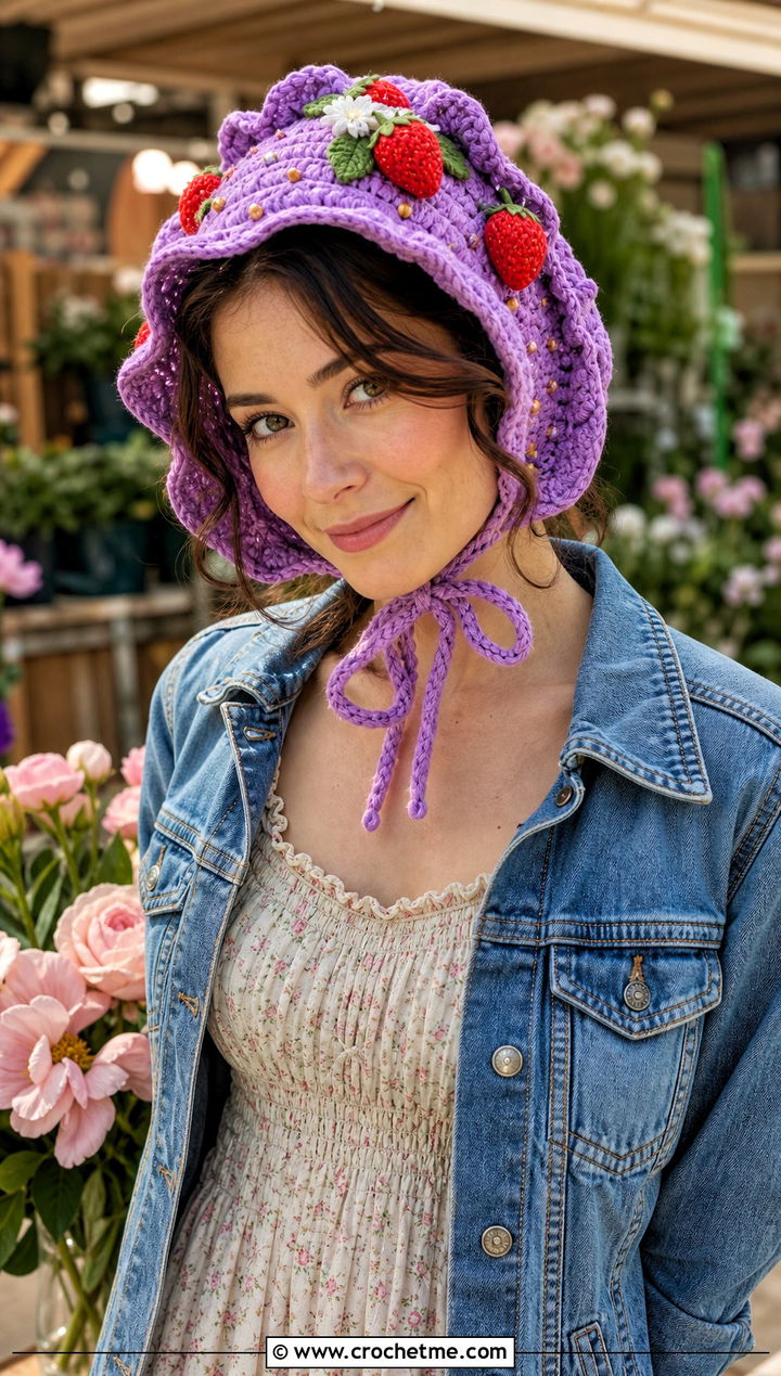 Crochet Strawberry Shortcake Bonnet With Prairie Dress - 30 crochet strawberry shortcake hat outfit ideas