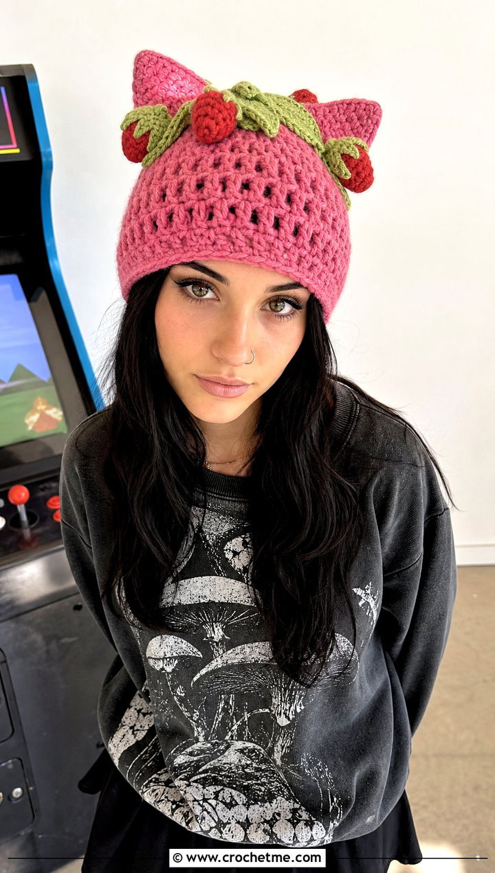Crochet Strawberry Shortcake Cat Ear Hat With Skater Skirt - 30 crochet strawberry shortcake hat outfit ideas