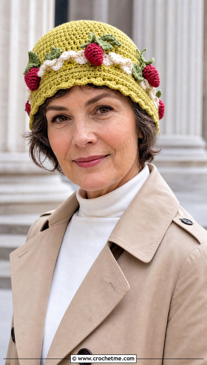 Crochet Strawberry Shortcake Cloche Hat With Trench Coat - 30 crochet strawberry shortcake hat outfit ideas