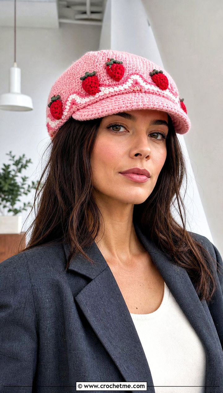 Crochet Strawberry Shortcake Newsboy Hat With Blazer - 30 crochet strawberry shortcake hat outfit ideas