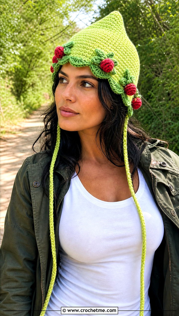 Crochet Strawberry Shortcake Pixie Hat With Utility Jacket - 30 crochet strawberry shortcake hat outfit ideas