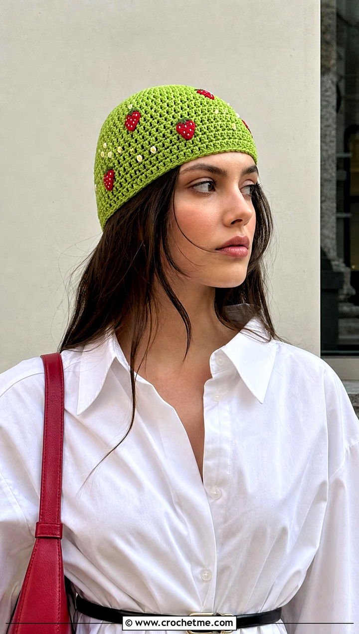 Crochet Strawberry Skullcap With Minimalist Outfit - 30 crochet strawberry hat outfit ideas