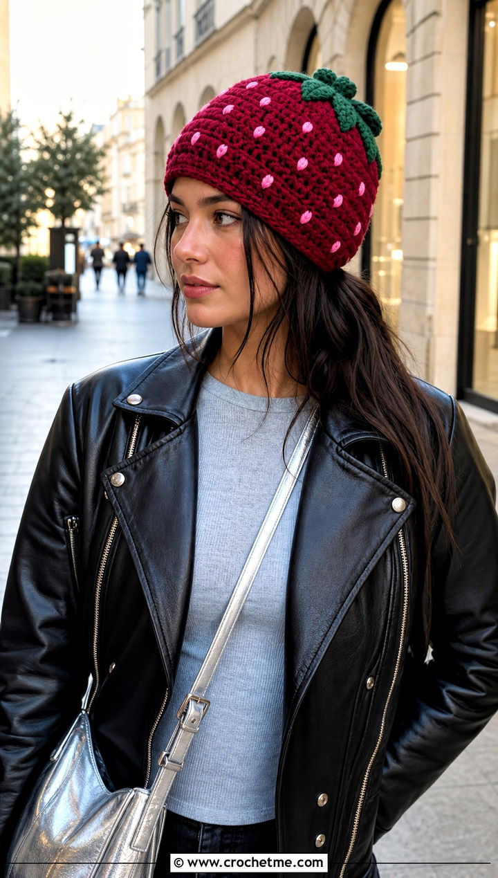 Crochet Strawberry Slouchy Beanie With Leather Jacket - 30 crochet strawberry hat outfit ideas
