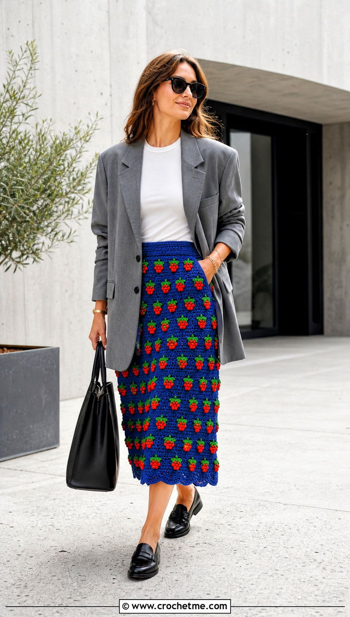 Crochet Strawberry Stitch Midi Skirt With Oversized Blazer - 25 crochet strawberry skirt outfit ideas
