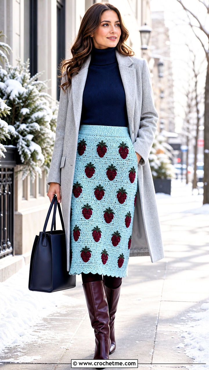 Crochet Strawberry Straight Midi Skirt With Turtleneck - 25 crochet strawberry skirt outfit ideas