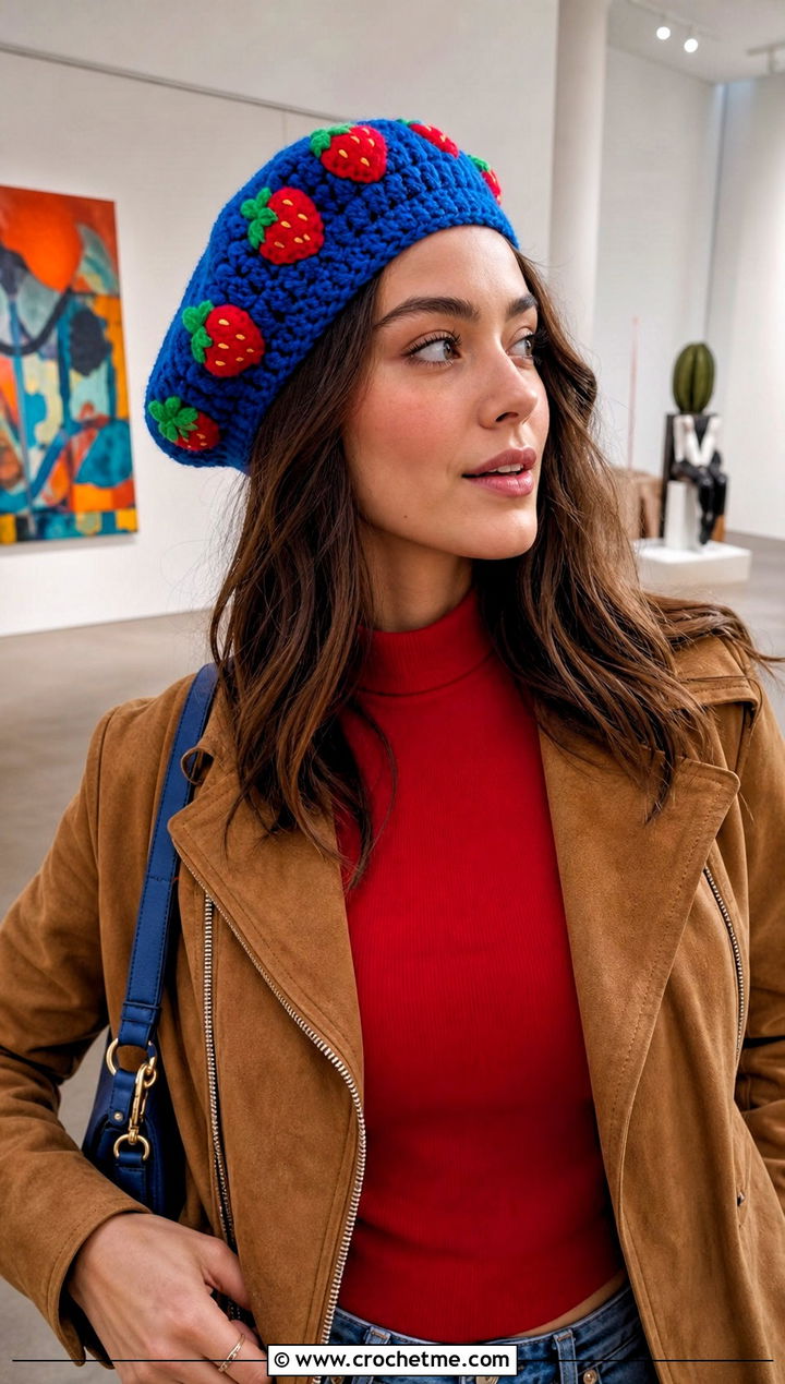 Crochet Strawberry Tam Hat With Wide Leg Jeans - 30 crochet strawberry hat outfit ideas