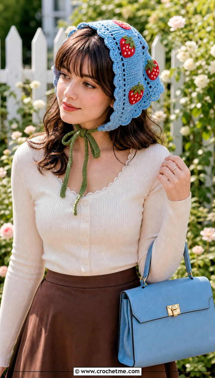 Crochet Strawberry Tie Bonnet With Cardigan And Skirt - 30 crochet strawberry hat outfit ideas