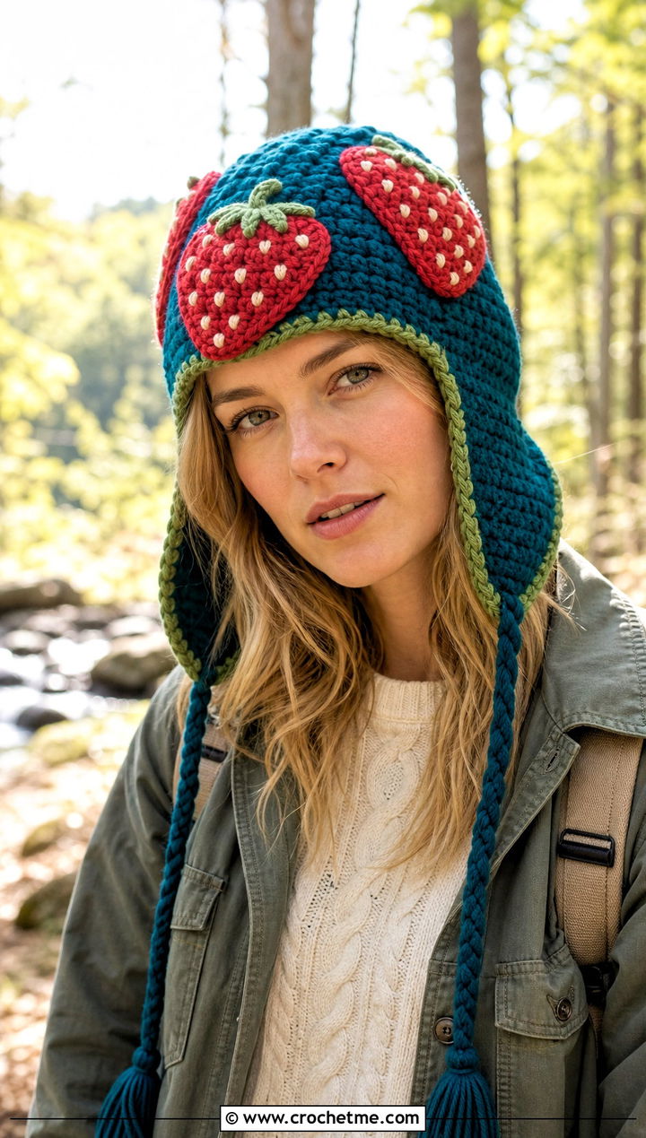 Crochet Strawberry Trapper Hat With Utility Jacket - 30 crochet strawberry hat outfit ideas