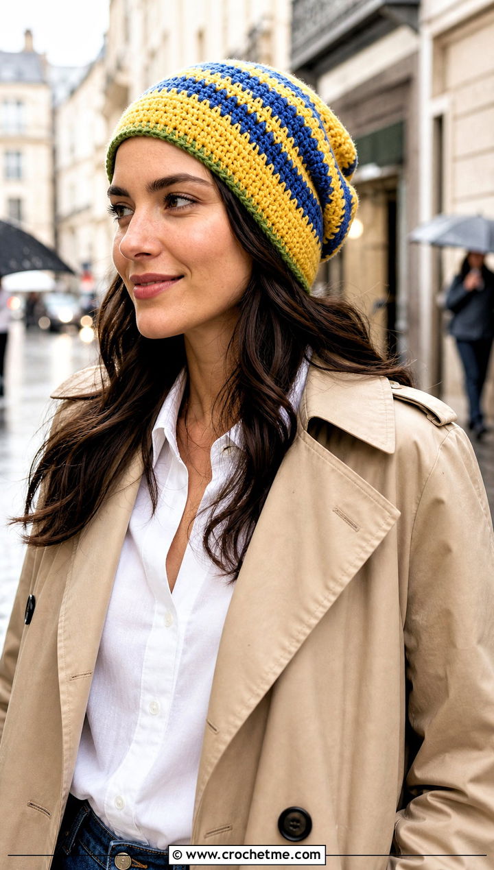 Crochet Striped Banana Beanie With Trench Coat - 30 crochet banana hat outfit ideas