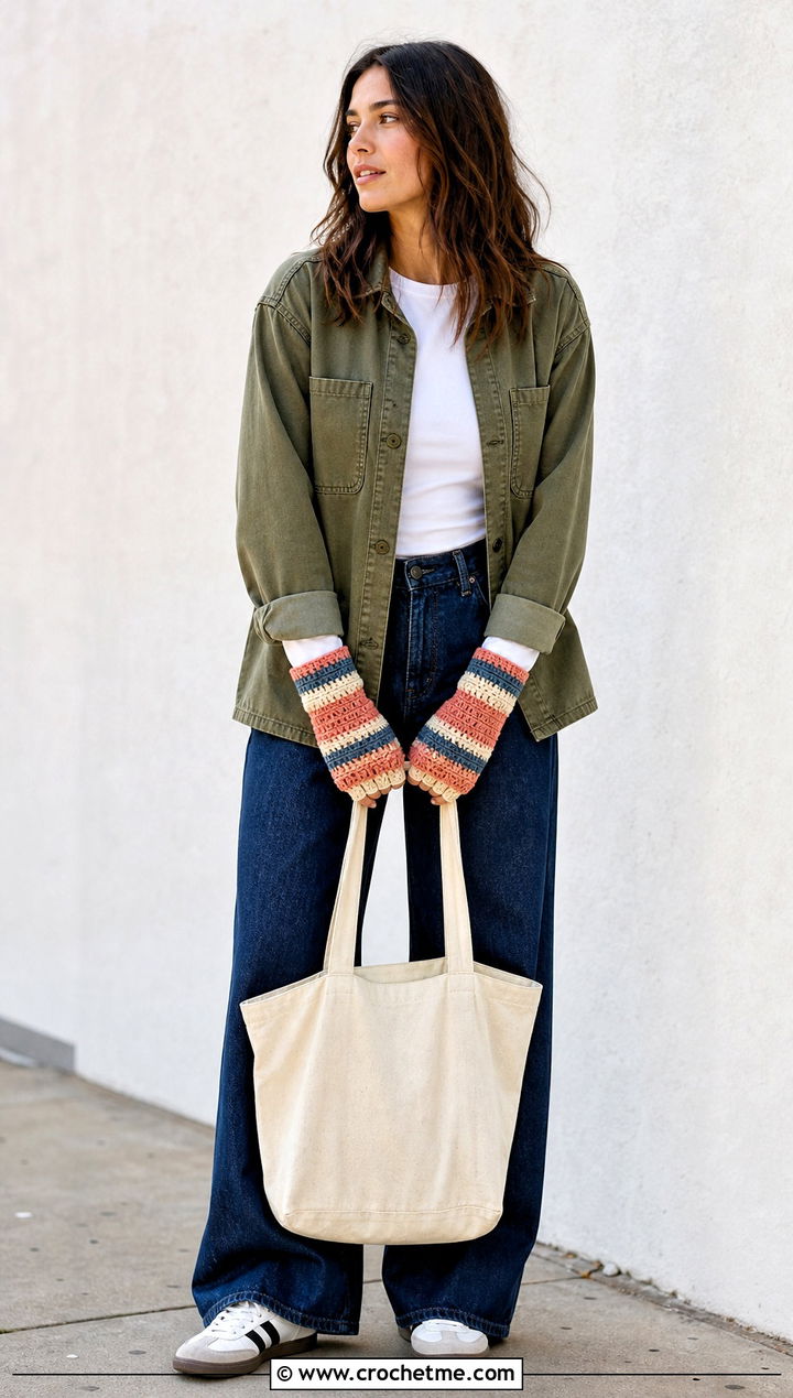 Crochet Striped Fingerless Gloves With Utility Jacket And Wide Leg Jeans - 15 Crochet Tipless Gloves outfit ideas