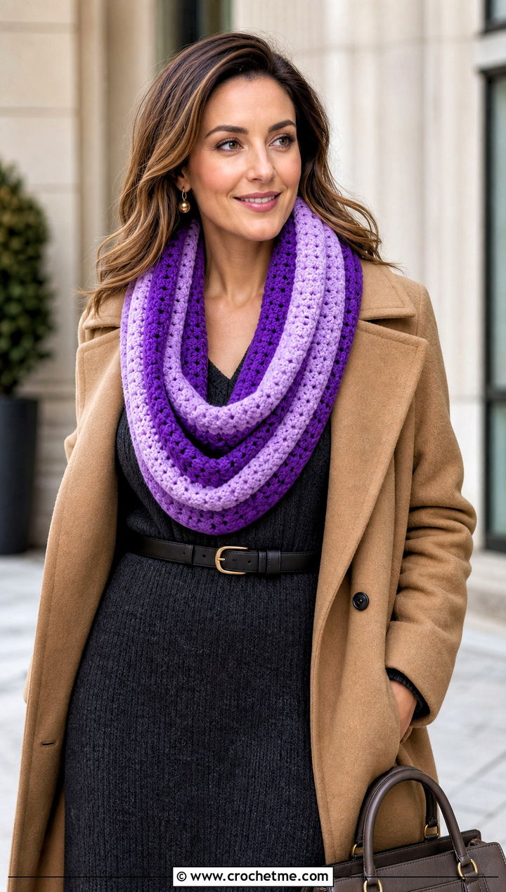 Crochet Striped Infinity Scarf With Sweater Dress - 25 crochet striped scarf outfit ideas