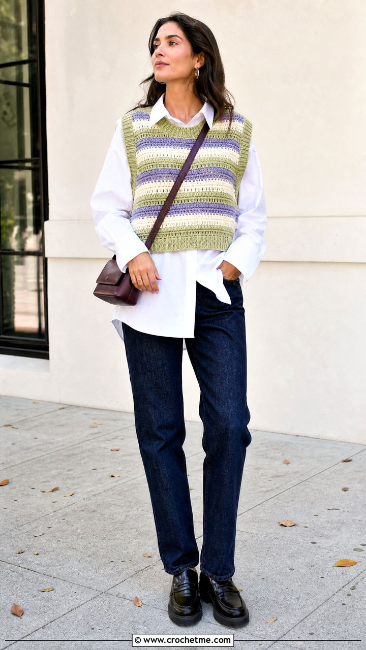 Crochet Striped Sweater Vest With Poplin Shirt - 35 crochet striped sweater outfit ideas
