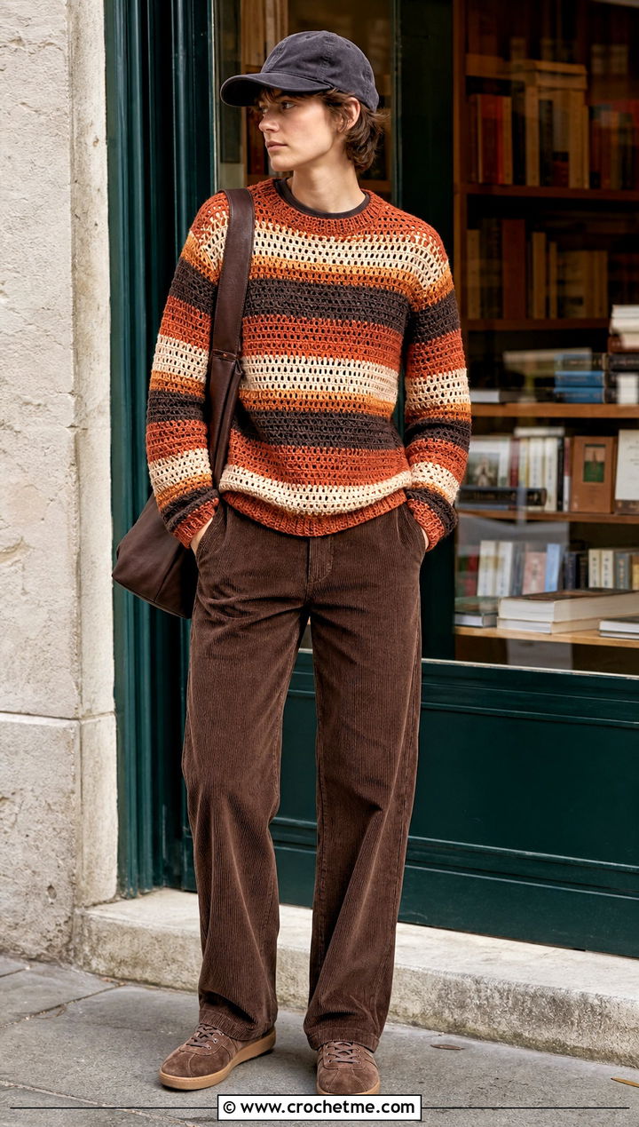 Crochet Striped Sweater With Corduroy Pants - 30 Masc Crochet Clothes and outfit ideas