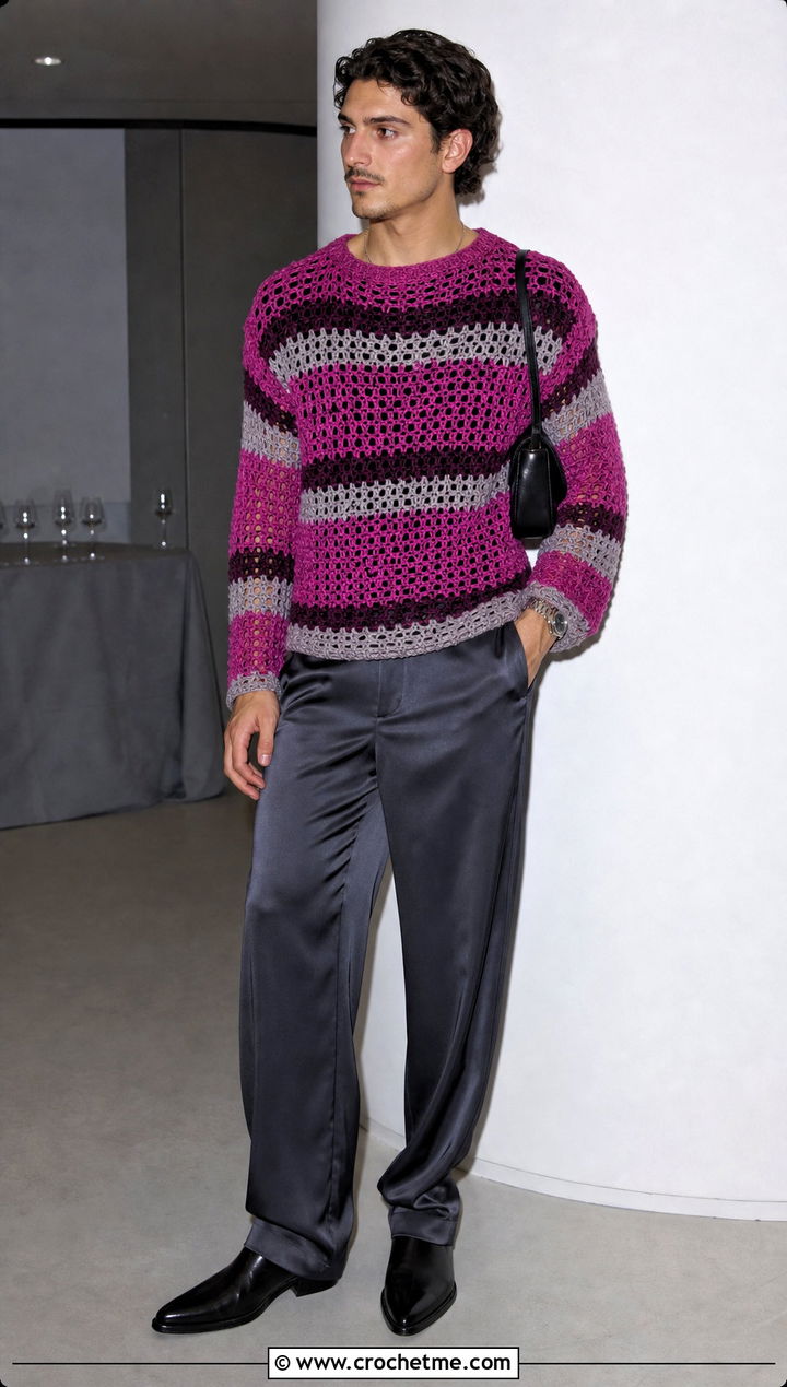 Crochet Striped Sweater With Satin Trousers - 30 Easy Crochet Mens Sweater outfit ideas
