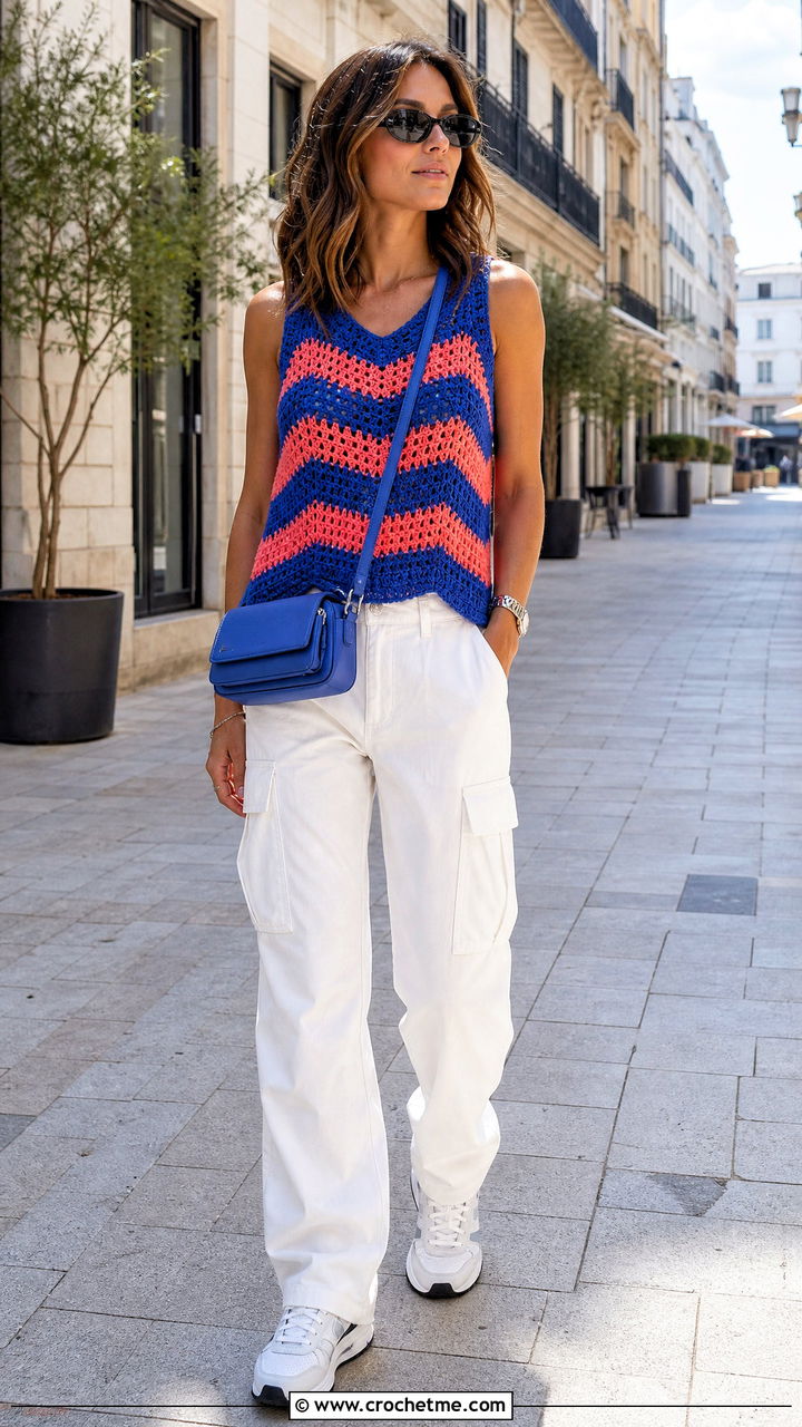 Crochet Striped Top With White Cargo Pants - 35 crochet summer tops for women outfit ideas