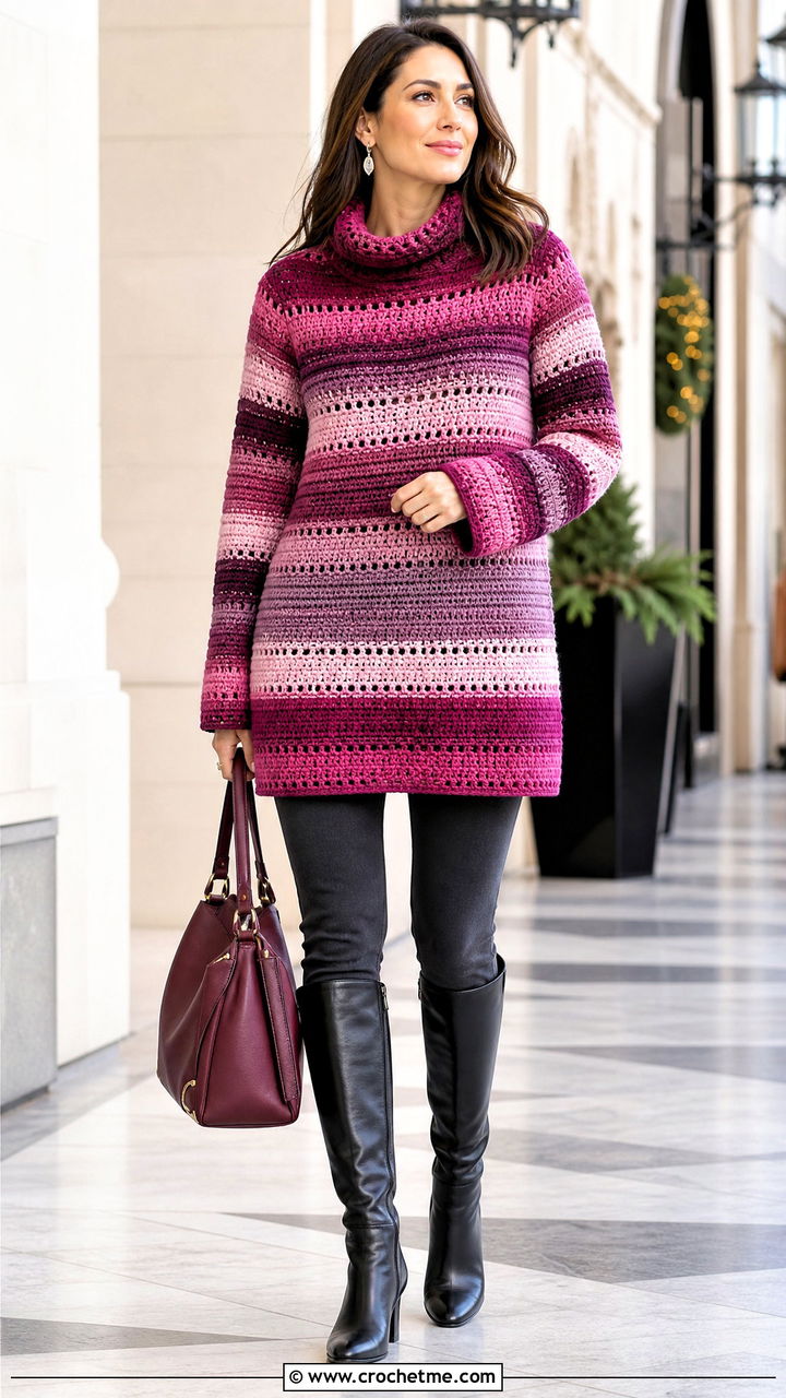 Crochet Striped Tunic Sweater With Knee High Boots - 35 crochet striped sweater outfit ideas