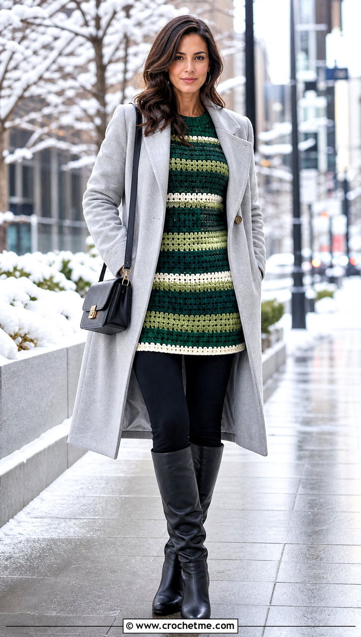 Crochet Striped Tunic Sweater With Tall Boots - 15 Crochet Stripped Sweater outfit ideas