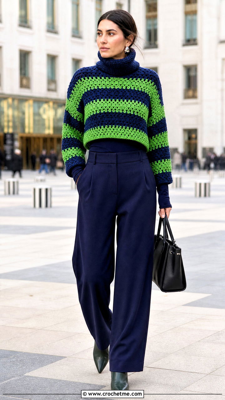 Crochet Striped Turtleneck Sweater With Wide Leg Pants - 35 crochet striped sweater outfit ideas