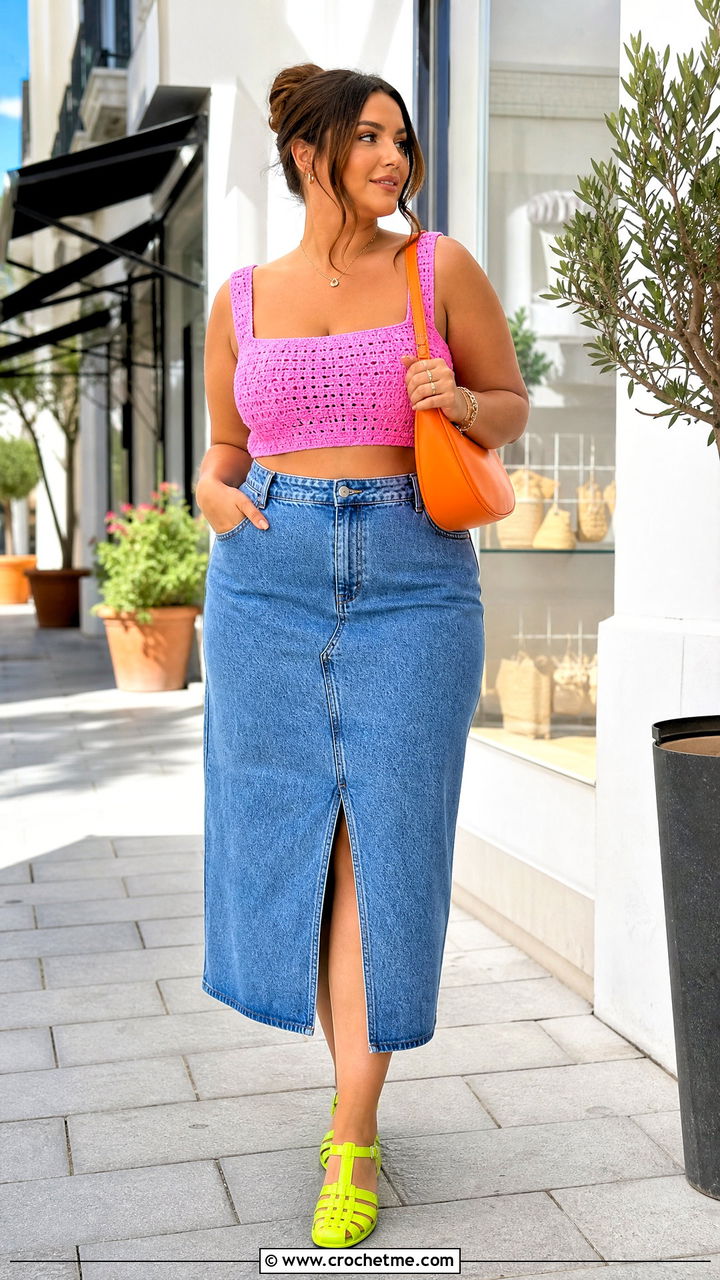Crochet Summer Crop Top With Denim Midi Skirt - 35 crochet summer tops outfit ideas