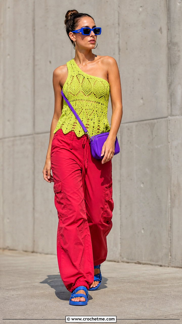 Crochet Summer One Shoulder Top With Cargo Pants - 35 crochet summer tops outfit ideas