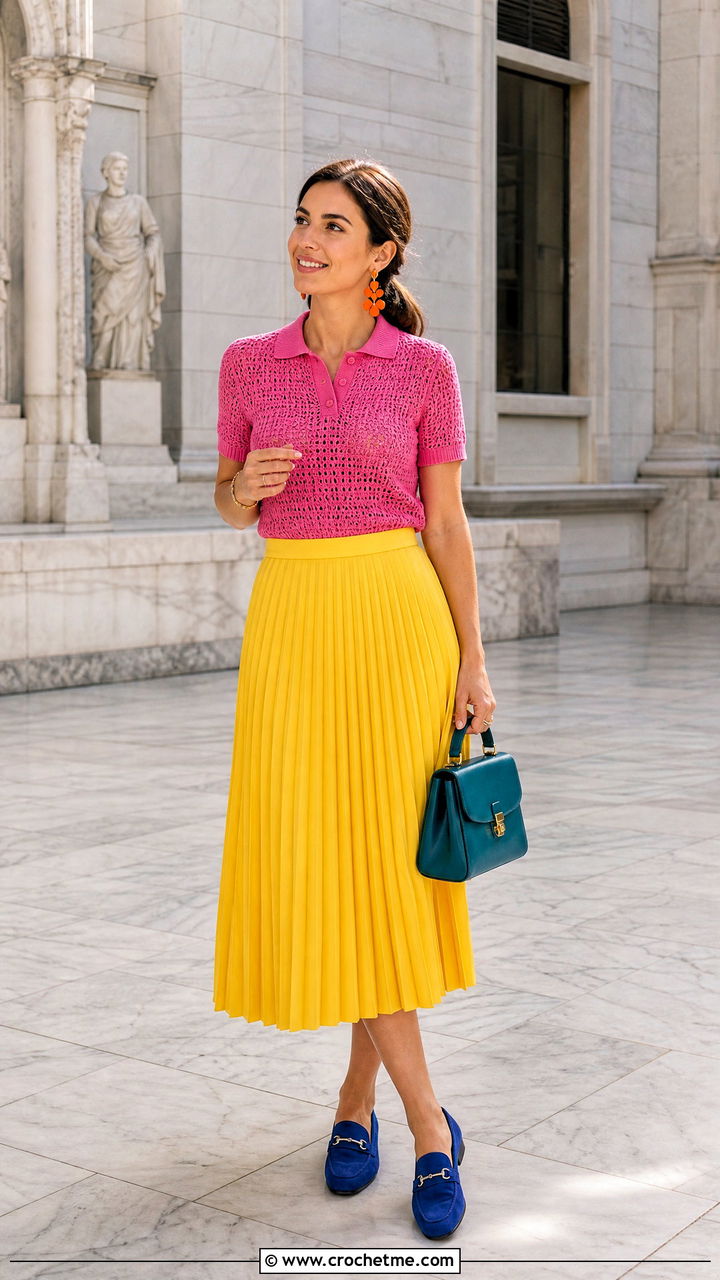 Crochet Summer Polo Top With A Pleated Midi Skirt - 35 crochet summer tops outfit ideas