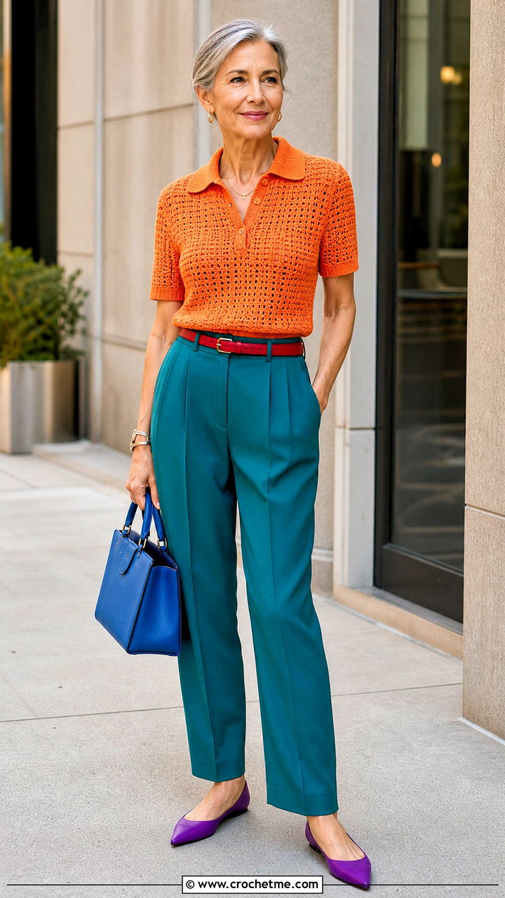 Crochet Summer Polo Top With Pleated Trousers - 35 crochet summer tops outfit ideas