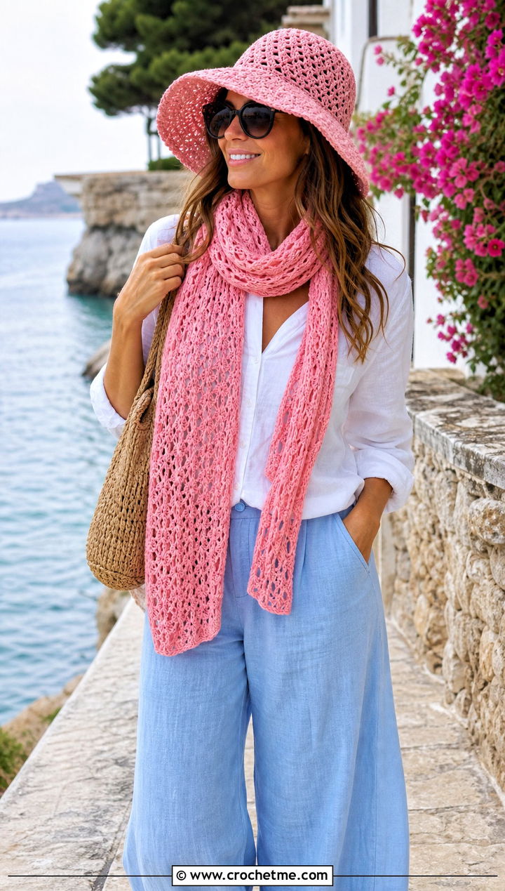 Crochet Sun Hat And Lightweight Scarf With Linen Set - 25 crochet hat scarf outfit ideas