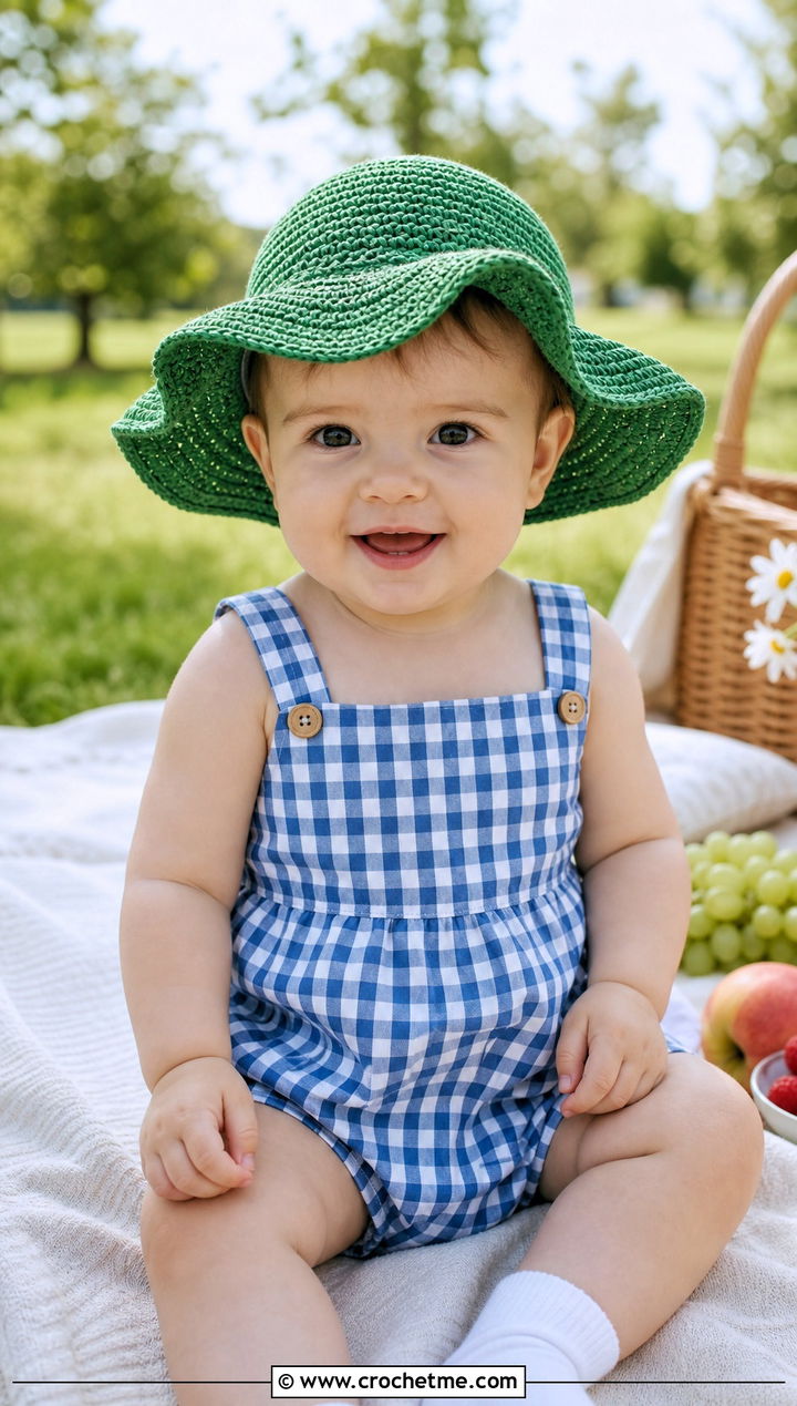 Crochet Sun Hat With Gingham Romper - 15 12 month old crochet hat outfit ideas