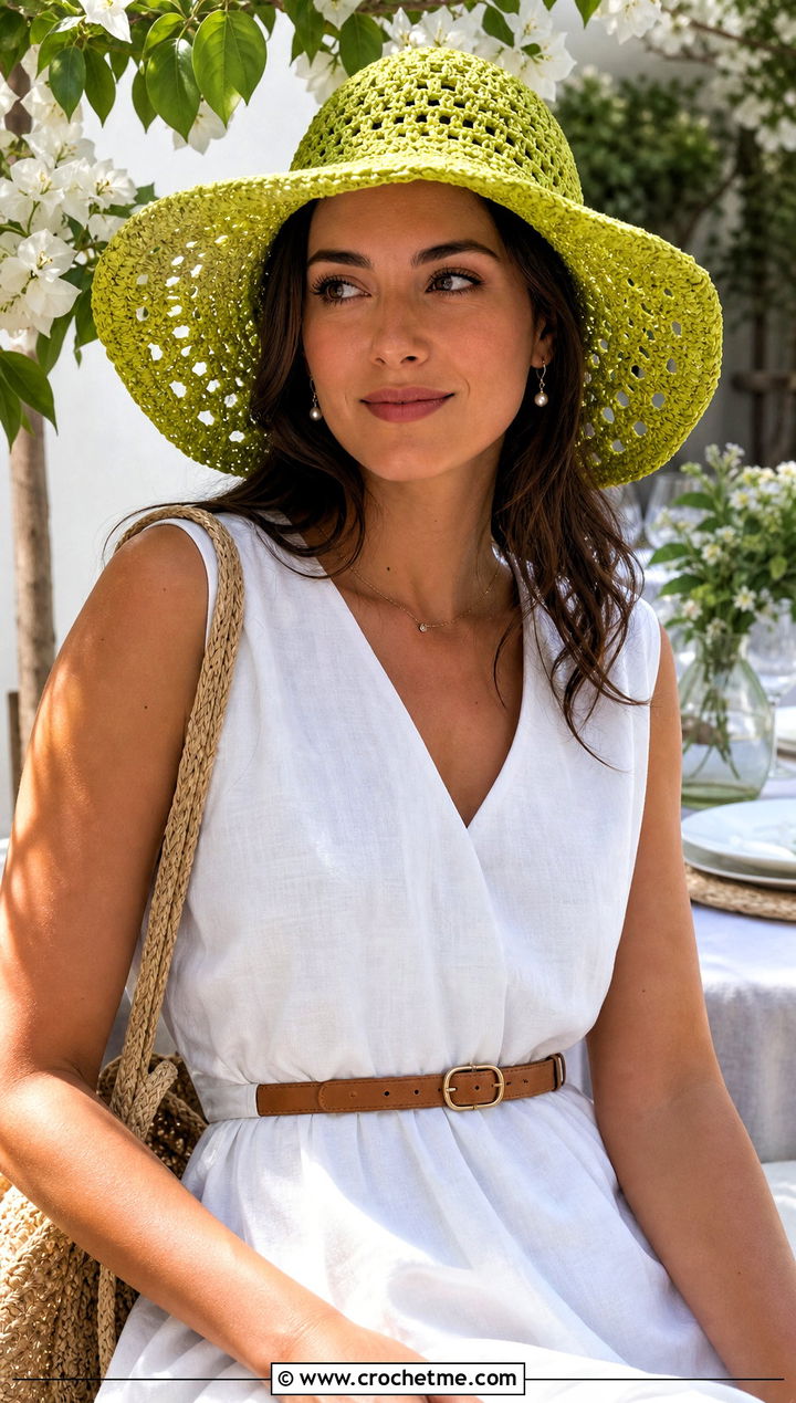 Crochet Sun Hat With Linen Dress - 30 Women Crochet Hats outfit ideas