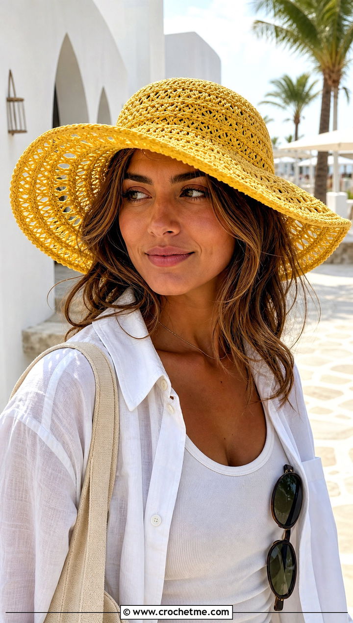 Crochet Sun Hat With Linen Shirt And Shorts - 35 cute crochet hat outfit ideas