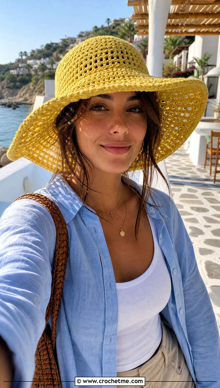 Crochet Sun Hat With Linen Shirt And Shorts - 25 Cool Crochet Hat outfit ideas