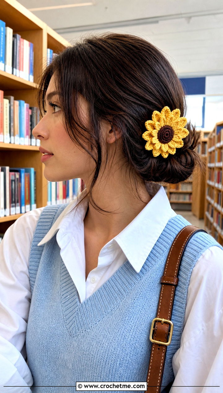 Crochet Sunflower Alligator Clip With Sweater Vest Outfit - 15 crochet flower headband and clip outfit ideas