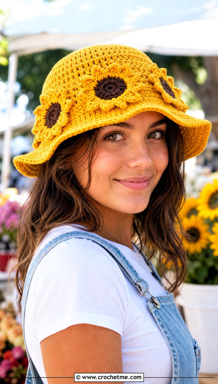 Crochet Sunflower Bucket Hat With Overalls - 30 Crochet Flower Outfit ideas