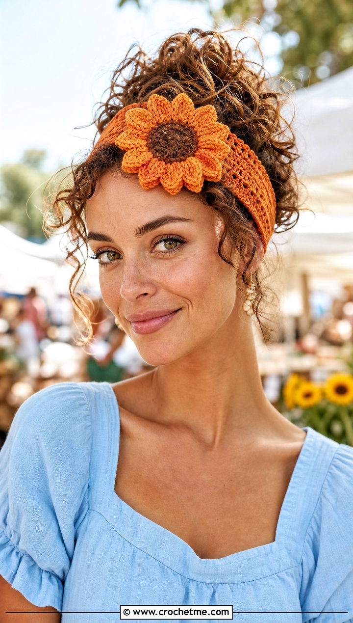 Crochet Sunflower Elastic Headband With Linen Dress - 15 crochet flower headband and clip outfit ideas