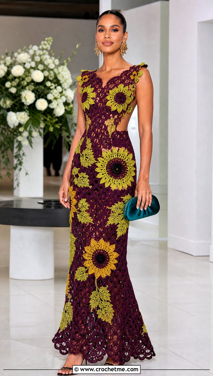 Crochet Sunflower Gown With Minimal Heels - 35 crochet sunflower dress outfit ideas