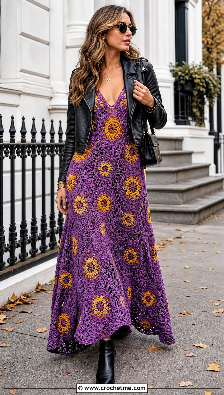 Crochet Sunflower Maxi Dress With Leather Jacket - 35 crochet sunflower dress outfit ideas