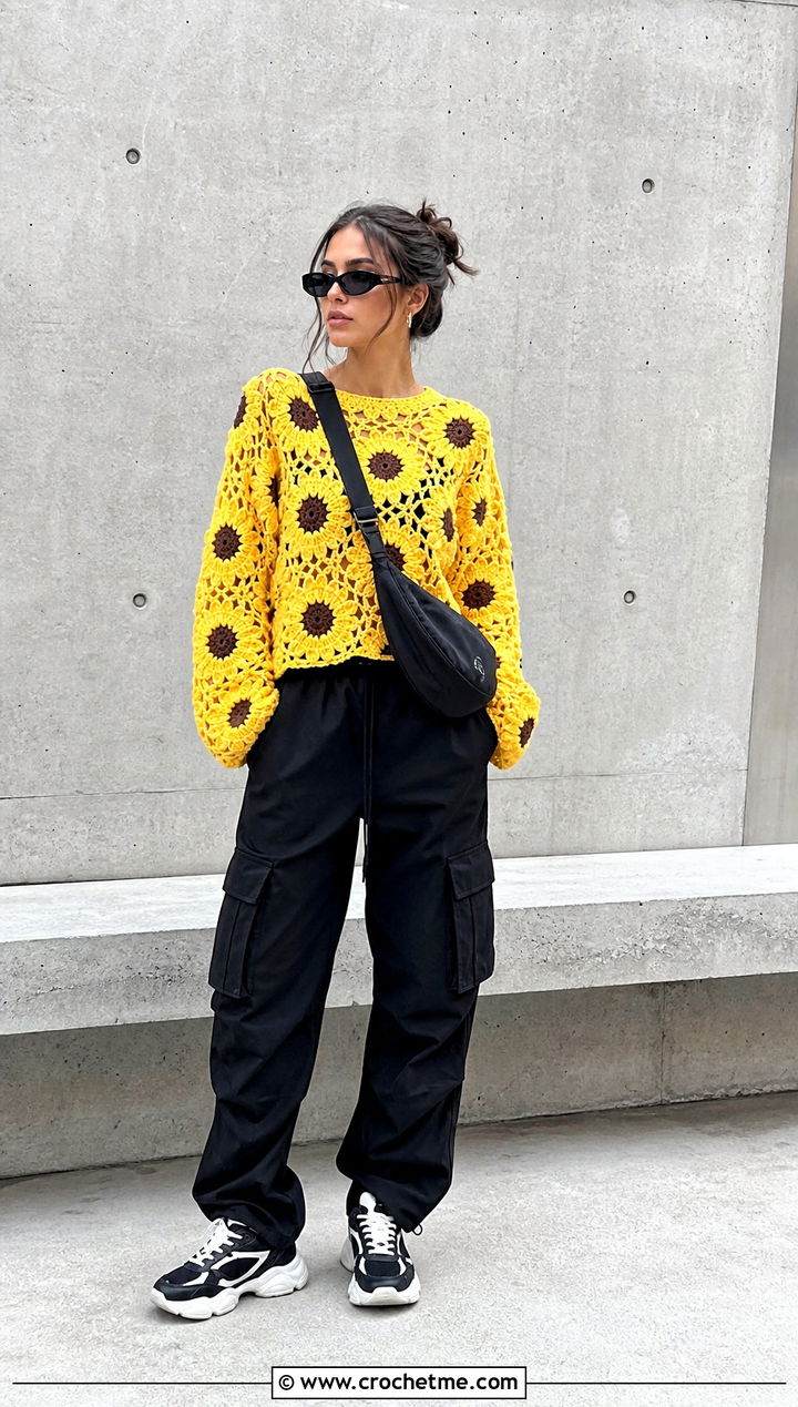 Crochet Sunflower Pullover With Black Cargo Pants - 30 crochet flowers on sweater outfit ideas