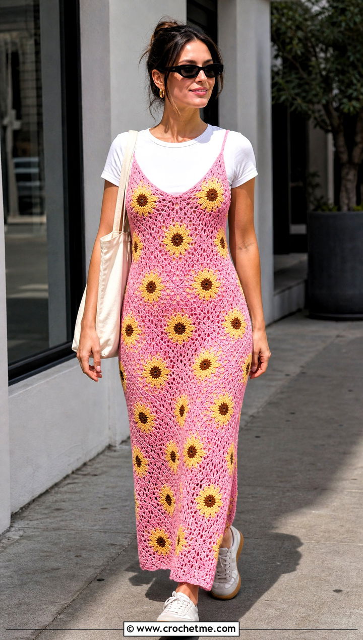 Crochet Sunflower Slip Dress Over White T Shirt - 35 crochet sunflower dress outfit ideas