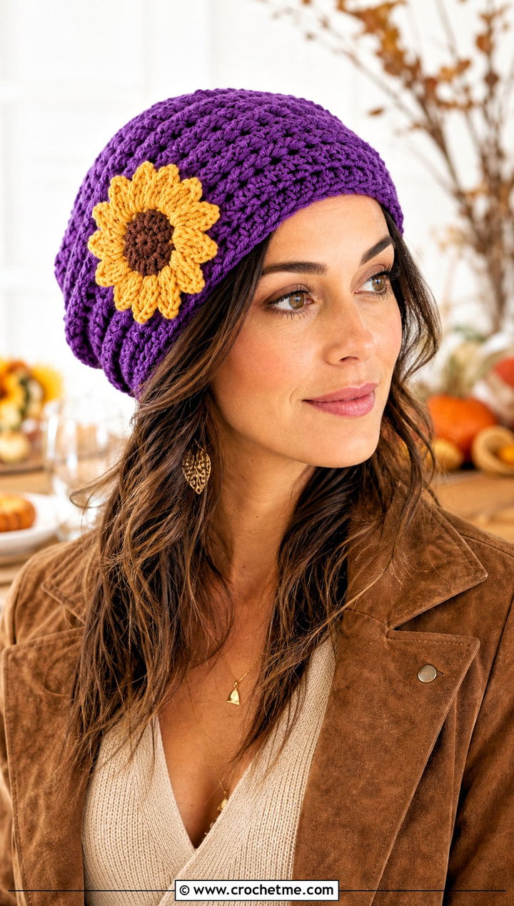 Crochet Sunflower Slouch Hat With Knit Dress - 15 Crochet Thanksgiving Hat outfit ideas