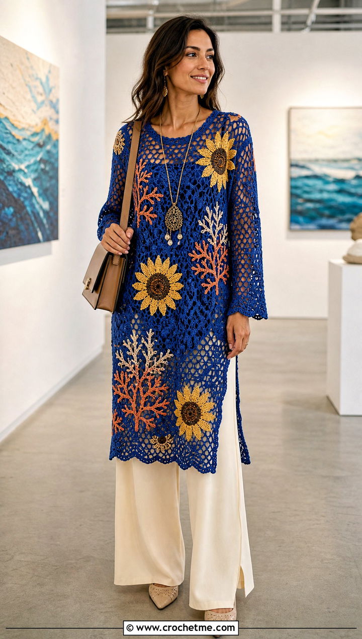 Crochet Sunflower Tunic Dress With Wide Leg Pants - 35 crochet sunflower dress outfit ideas